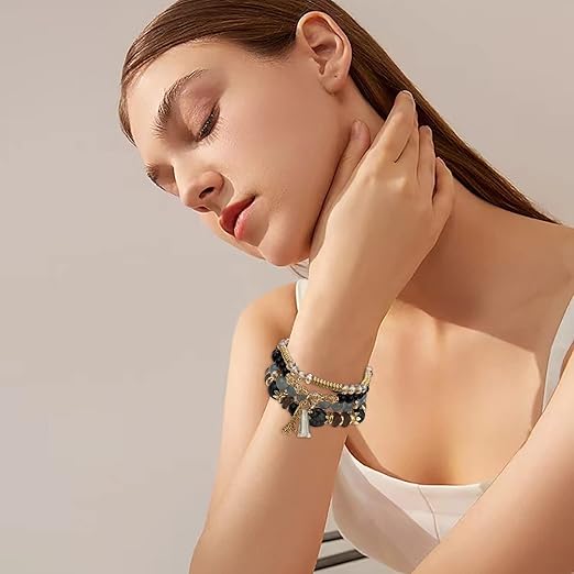 Vembley Boho Stackable Bracelets for Women Set, 4 Pack Girls Stretch Multilayer Stack Beads Black Beaded Charm Bracelets