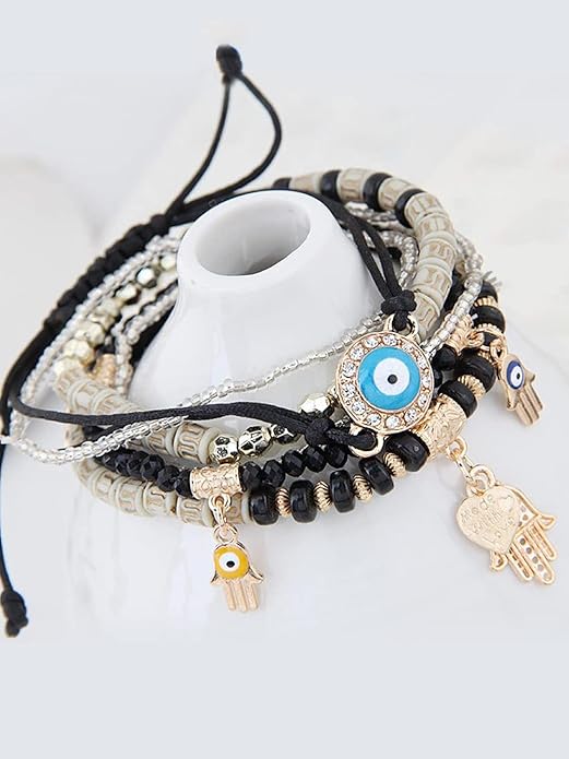 Vembley Elegant Bohemian 6 Bracelet Set featuring Evil Eye, Hamsa charms, beaded layers, adjustable cord, and metallic accents bracelet for women and girls