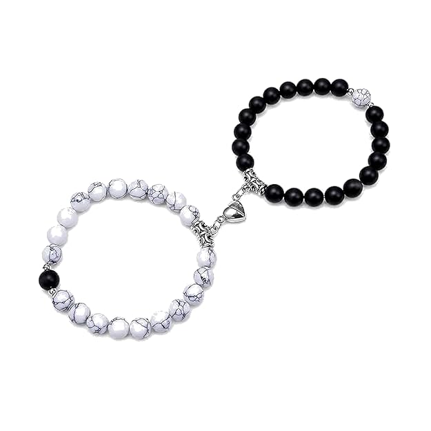 Vembley Black & White Beaded Couple Bracelet Set - Heart Charm Matching Bracelets