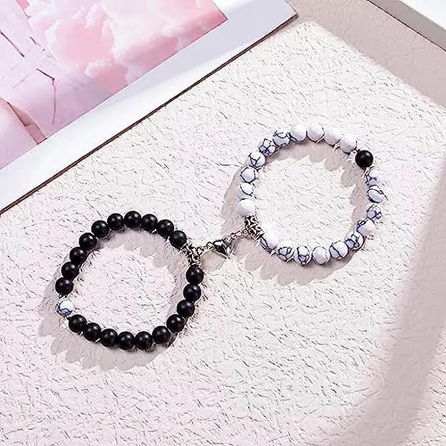 Vembley Black & White Beaded Couple Bracelet Set - Heart Charm Matching Bracelets