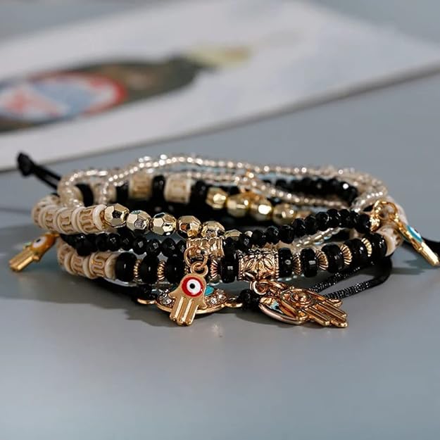 Vembley Elegant Bohemian 6 Bracelet Set featuring Evil Eye, Hamsa charms, beaded layers, adjustable cord, and metallic accents bracelet for women and girls