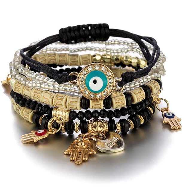 Vembley Elegant Bohemian 6 Bracelet Set featuring Evil Eye, Hamsa charms, beaded layers, adjustable cord, and metallic accents bracelet for women and girls