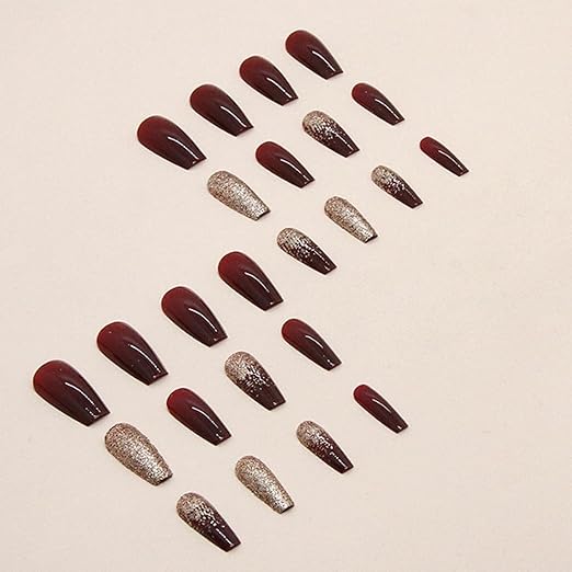 Vembley Set of 24 Artificial Reusable Nails in Half Red Half Golden Design With Glue