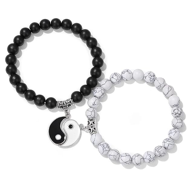Vembley Black & White Yin Yang Beaded Couple Bracelets - Matching Heart Charm Set