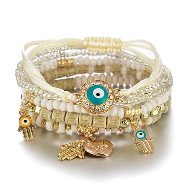Vembley Elegant Bohemian 6 Bracelet Set featuring Evil Eye, Hamsa charms, beaded layers, adjustable cord, and metallic accents bracelet for women and girls