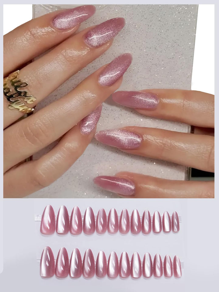 Vembley Pink Cat Eye Glossy Press-On Nails Almond Shape Reusable Artificial Nail Set