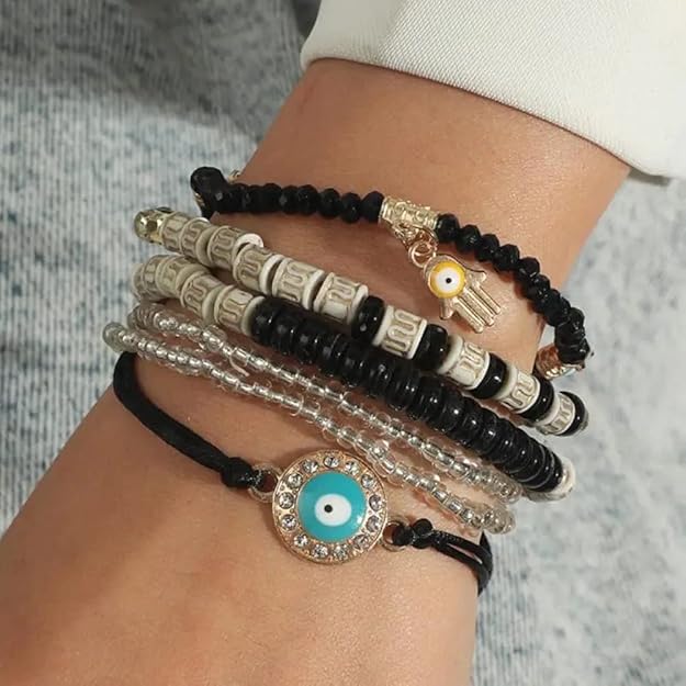 Vembley Elegant Bohemian 6 Bracelet Set featuring Evil Eye, Hamsa charms, beaded layers, adjustable cord, and metallic accents bracelet for women and girls