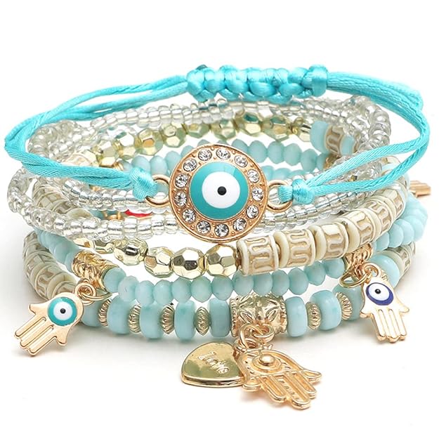 Vembley Elegant Bohemian 6 Bracelet Set featuring Evil Eye, Hamsa charms, beaded layers, adjustable cord, and metallic accents bracelet for women and girls