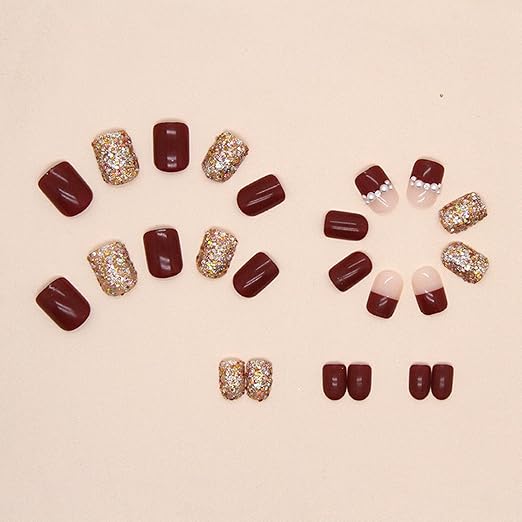 Vembley Set of 24 Artificial Reusable Nails in Golden And Maroon With Pearl And Glue