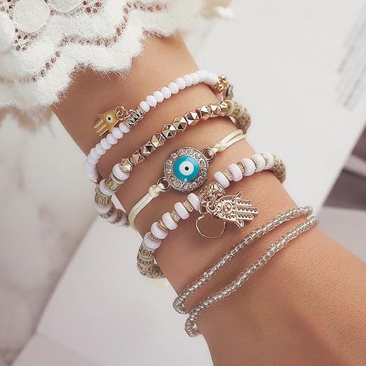 Vembley Elegant Bohemian 6 Bracelet Set featuring Evil Eye, Hamsa charms, beaded layers, adjustable cord, and metallic accents bracelet for women and girls