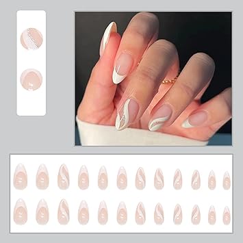 Vembley Set Of 24 Artificial Fake Reusable Press on Nails In Almond Shape With White & Silver Stillet Wave.