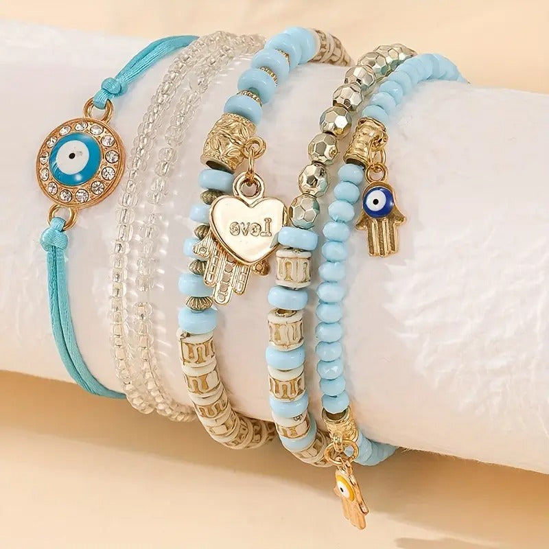 Vembley Elegant Bohemian 6 Bracelet Set featuring Evil Eye, Hamsa charms, beaded layers, adjustable cord, and metallic accents bracelet for women and girls