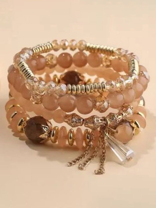 Vembley Boho Stackable Bracelets for Women Set, 4 Pack Girls Stretch Multilayer Stack Beads Brown Beaded Charm Bracelets