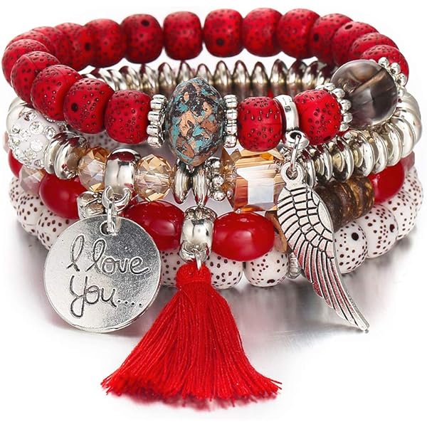 Vembley Trendy Bohemian Bracelet Stack with silver beads, tassel charm, and love pendant for women and girls