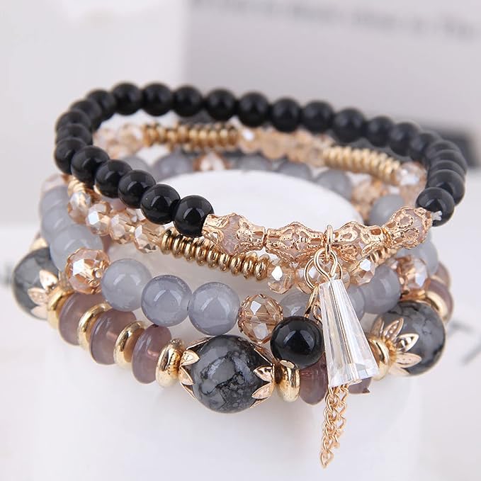 Vembley Boho Stackable Bracelets for Women Set, 4 Pack Girls Stretch Multilayer Stack Beads Black Beaded Charm Bracelets