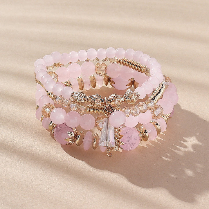 Vembley Boho Stackable Bracelets for Women Set, 4 Pack Girls Stretch Multilayer Stack Beads Pink Beaded Charm Bracelets