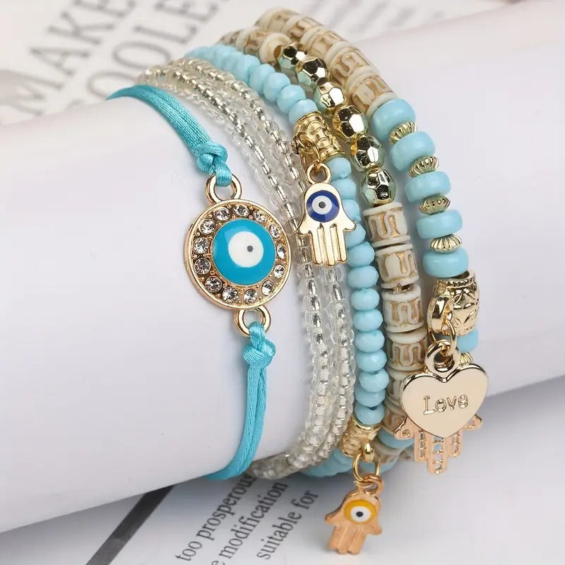 Vembley Elegant Bohemian 6 Bracelet Set featuring Evil Eye, Hamsa charms, beaded layers, adjustable cord, and metallic accents bracelet for women and girls