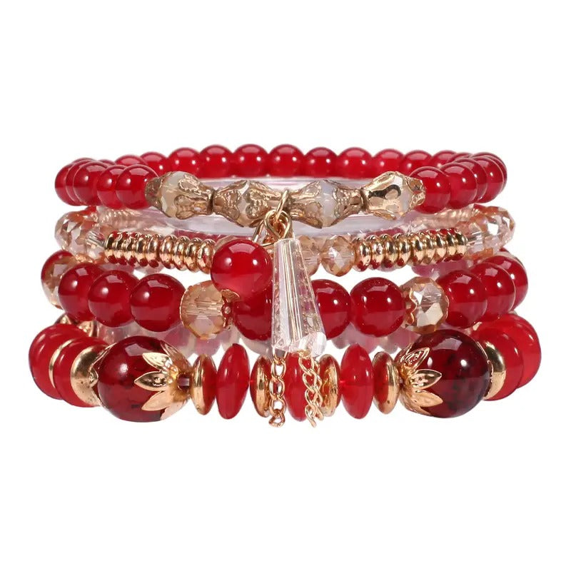 Vembley Boho Stackable Bracelets for Women Set, 4 Pack Girls Stretch Multilayer Stack Beads  Red Beaded Charm Bracelets