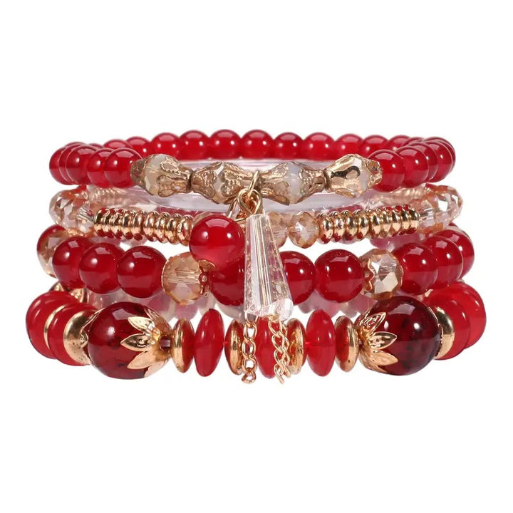 Vembley Boho Stackable Bracelets for Women Set, 4 Pack Girls Stretch Multilayer Stack Beads  Red Beaded Charm Bracelets