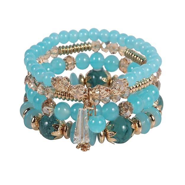 Vembley Boho Stackable Bracelets for Women Set, 4 Pack Girls Stretch Multilayer Stack Beads Green Beaded Charm Bracelets
