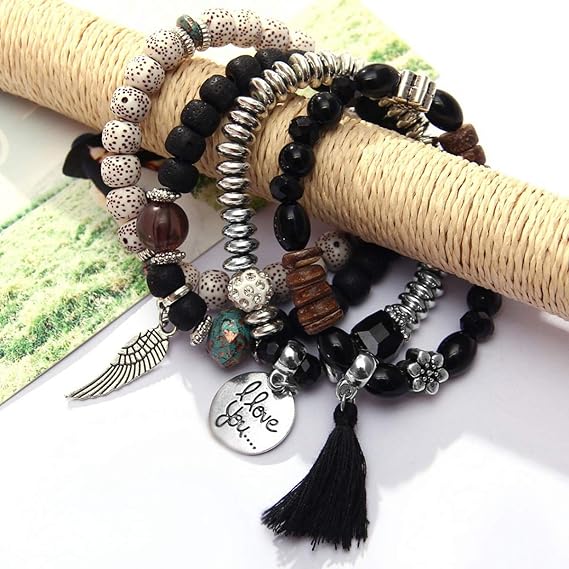 Vembley Trendy Bohemian Bracelet Stack with silver beads, tassel charm, and love pendant for women and girls
