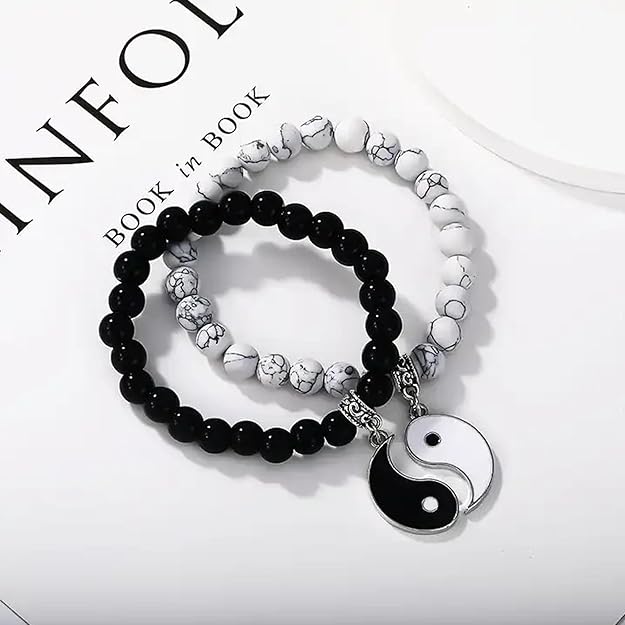 Vembley Black & White Yin Yang Beaded Couple Bracelets - Matching Heart Charm Set