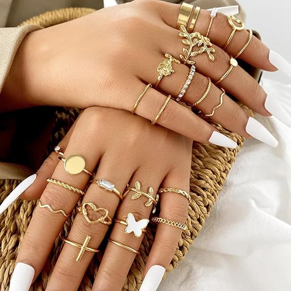 Vembley Gold Plated Trendy Stackable Rings Set - Butterfly, Heart & Pearl Fashion Rings