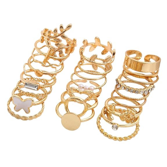 Vembley Gold Plated Trendy Stackable Rings Set - Butterfly, Heart & Pearl Fashion Rings