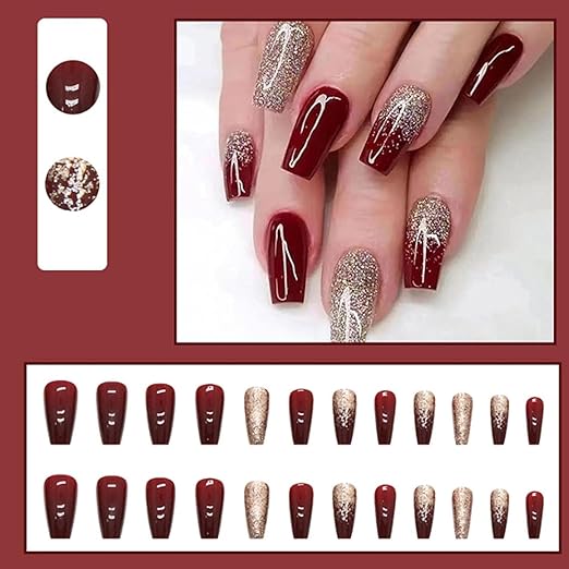 Vembley Set of 24 Artificial Reusable Nails in Half Red Half Golden Design With Glue