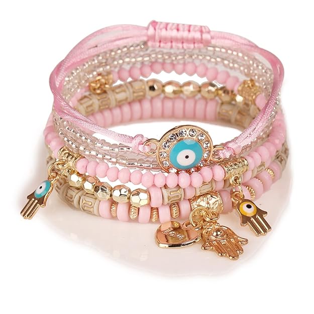 Vembley Elegant Bohemian 6 Bracelet Set featuring Evil Eye, Hamsa charms, beaded layers, adjustable cord, and metallic accents bracelet for women and girls