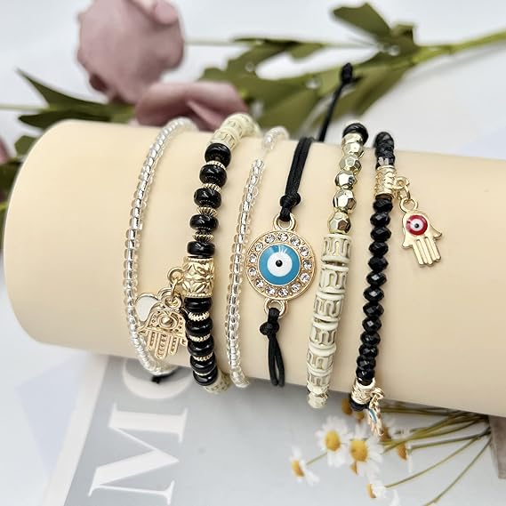 Vembley Elegant Bohemian 6 Bracelet Set featuring Evil Eye, Hamsa charms, beaded layers, adjustable cord, and metallic accents bracelet for women and girls