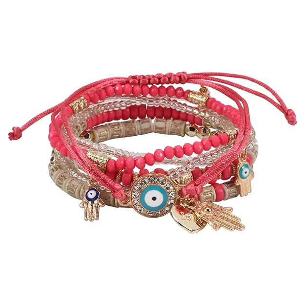 Vembley Elegant Bohemian 6 Bracelet Set featuring Evil Eye, Hamsa charms, beaded layers, adjustable cord, and metallic accents bracelet for women and girls