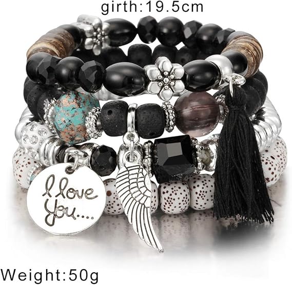Vembley Trendy Bohemian Bracelet Stack with silver beads, tassel charm, and love pendant for women and girls