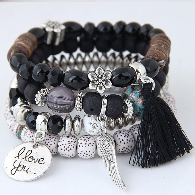 Vembley Trendy Bohemian Bracelet Stack with silver beads, tassel charm, and love pendant for women and girls