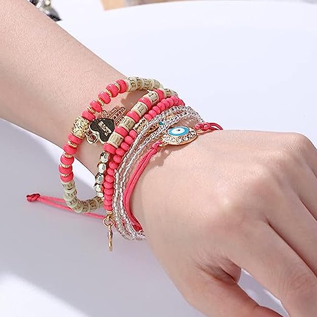 Vembley Elegant Bohemian 6 Bracelet Set featuring Evil Eye, Hamsa charms, beaded layers, adjustable cord, and metallic accents bracelet for women and girls