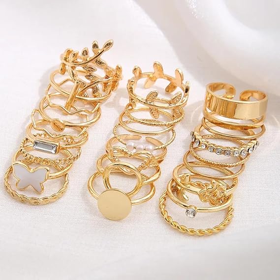 Vembley Gold Plated Trendy Stackable Rings Set - Butterfly, Heart & Pearl Fashion Rings