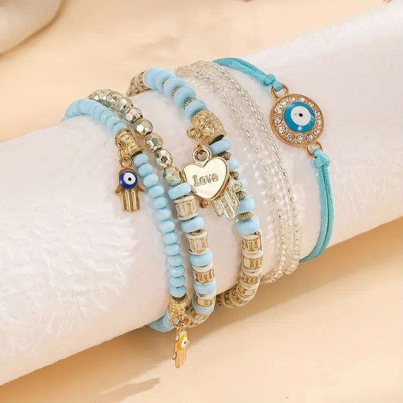 Vembley Elegant Bohemian 6 Bracelet Set featuring Evil Eye, Hamsa charms, beaded layers, adjustable cord, and metallic accents bracelet for women and girls