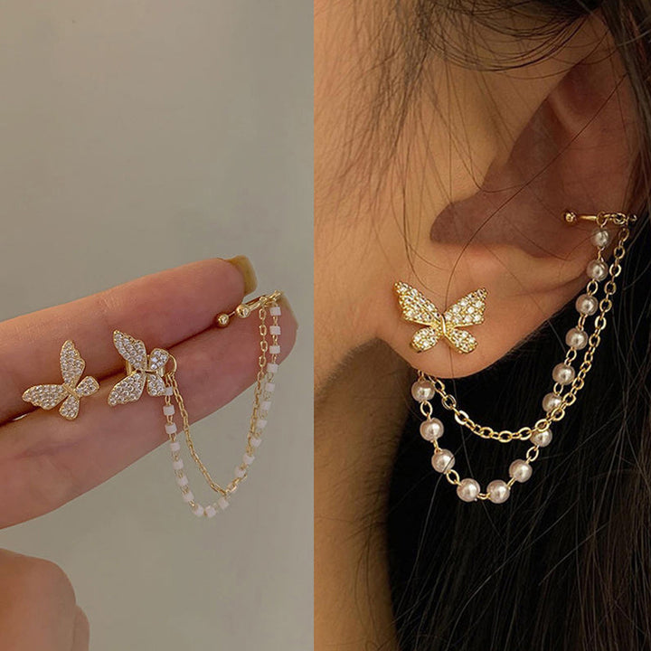 Vembley Elegant Butterfly Pearl Chain Drop Earrings And Necklace for Women