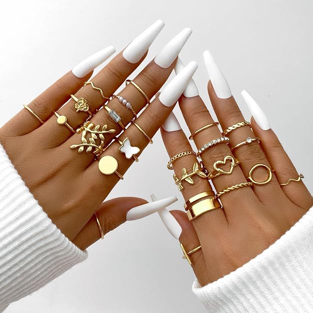 Vembley Gold Plated Trendy Stackable Rings Set - Butterfly, Heart & Pearl Fashion Rings