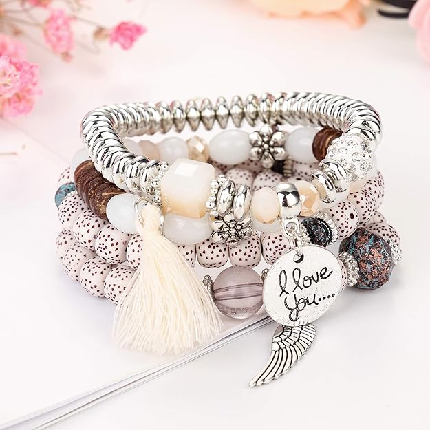 Vembley Trendy Bohemian Bracelet Stack with silver beads, tassel charm, and love pendant for women and girls