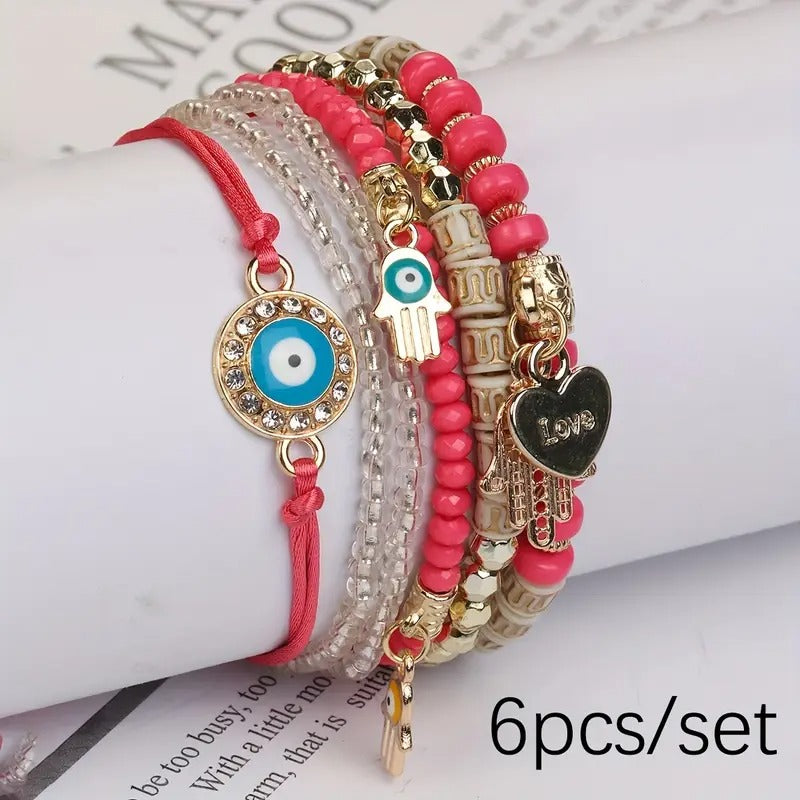 Vembley Elegant Bohemian 6 Bracelet Set featuring Evil Eye, Hamsa charms, beaded layers, adjustable cord, and metallic accents bracelet for women and girls