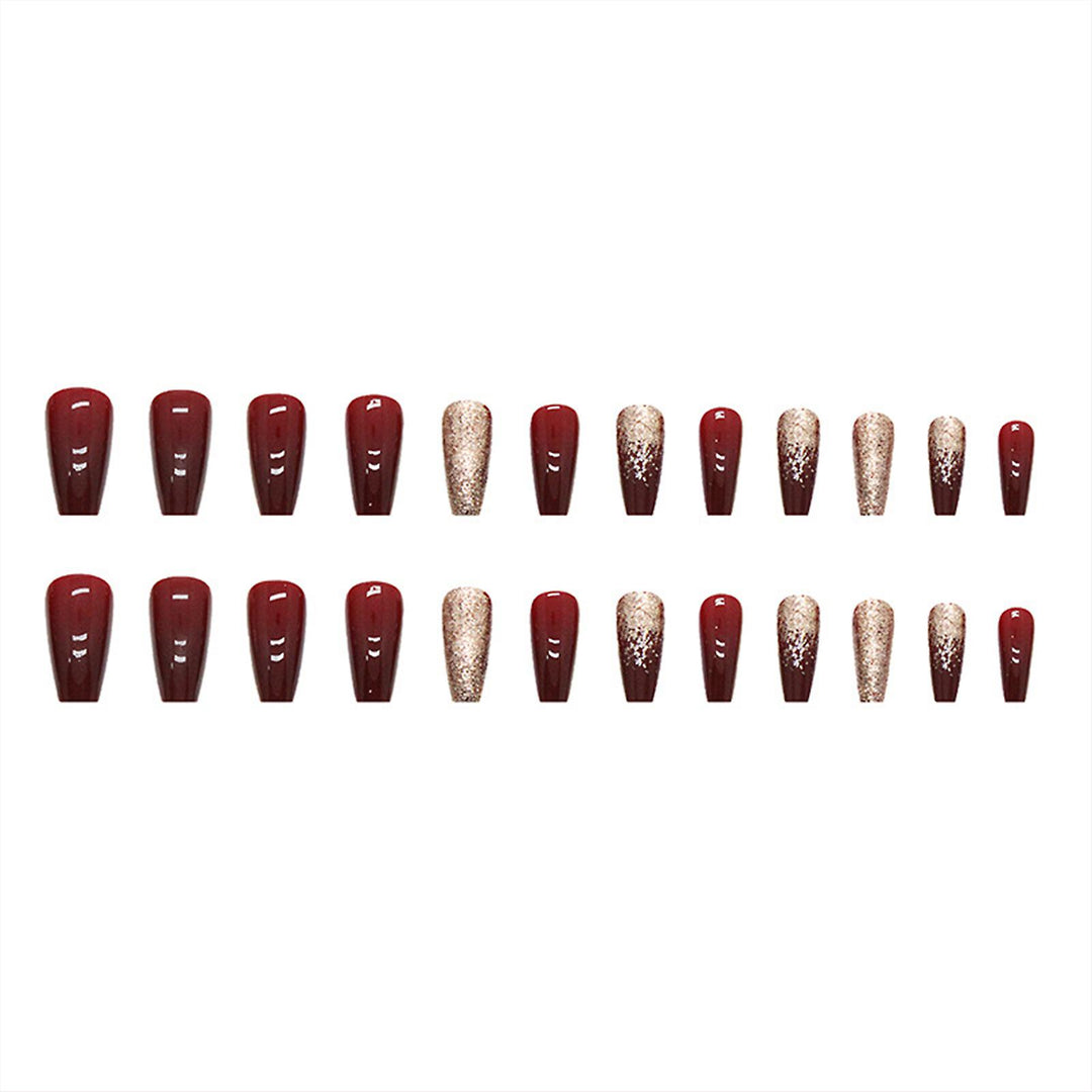 Vembley Set of 24 Artificial Reusable Nails in Half Red Half Golden Design With Glue