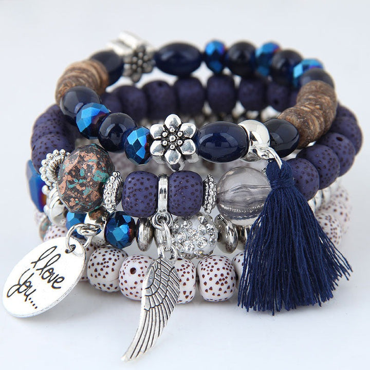 Vembley Trendy Bohemian Bracelet Stack with silver beads, tassel charm, and love pendant for women and girls