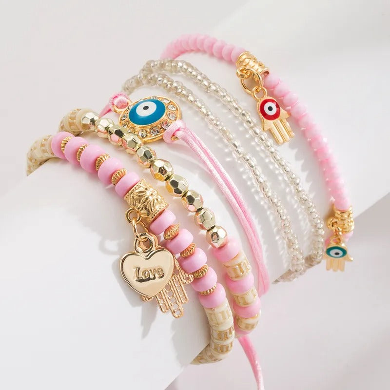 Vembley Elegant Bohemian 6 Bracelet Set featuring Evil Eye, Hamsa charms, beaded layers, adjustable cord, and metallic accents bracelet for women and girls