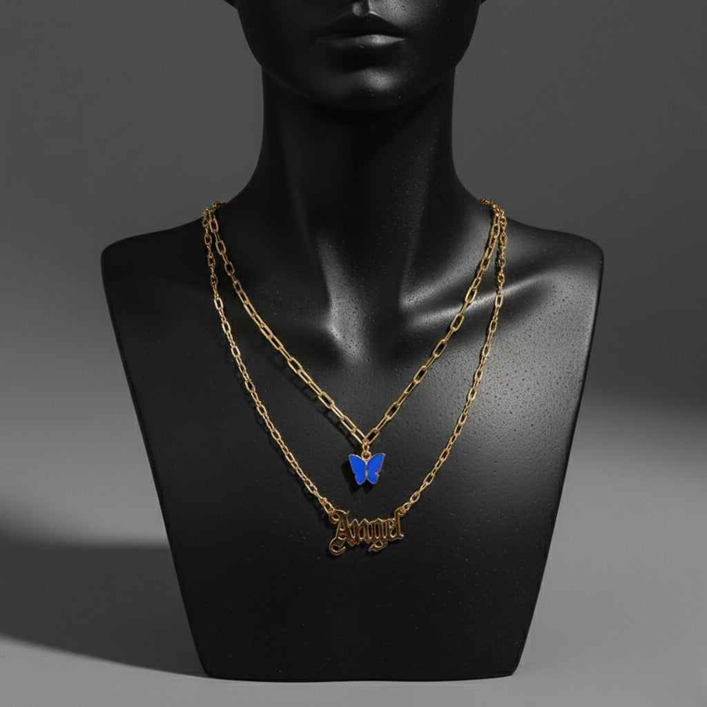 Layered Royal Blue Butterfly Angel Word Pendant