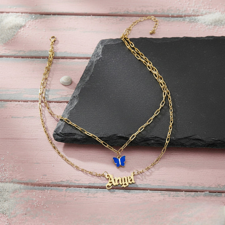 Layered Royal Blue Butterfly Angel Word Pendant