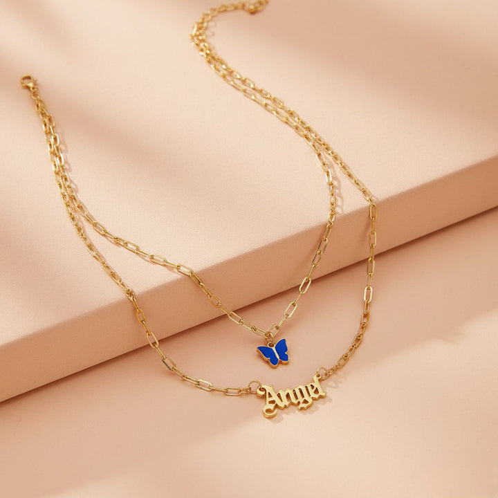 Layered Royal Blue Butterfly Angel Word Pendant