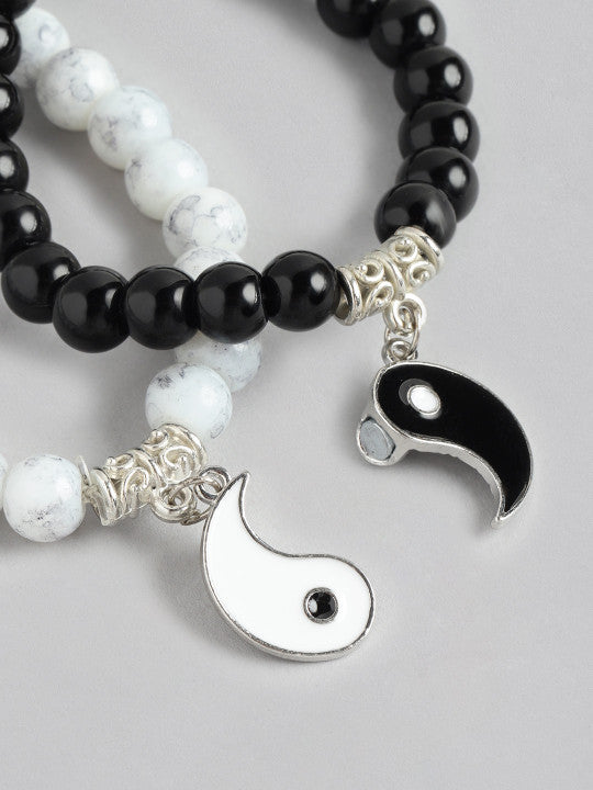 Vembley Black & White Yin Yang Beaded Couple Bracelets - Matching Heart Charm Set