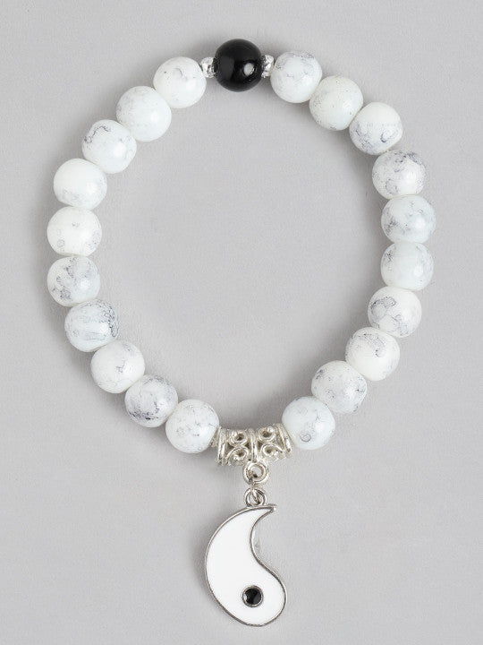 Vembley Black & White Yin Yang Beaded Couple Bracelets - Matching Heart Charm Set
