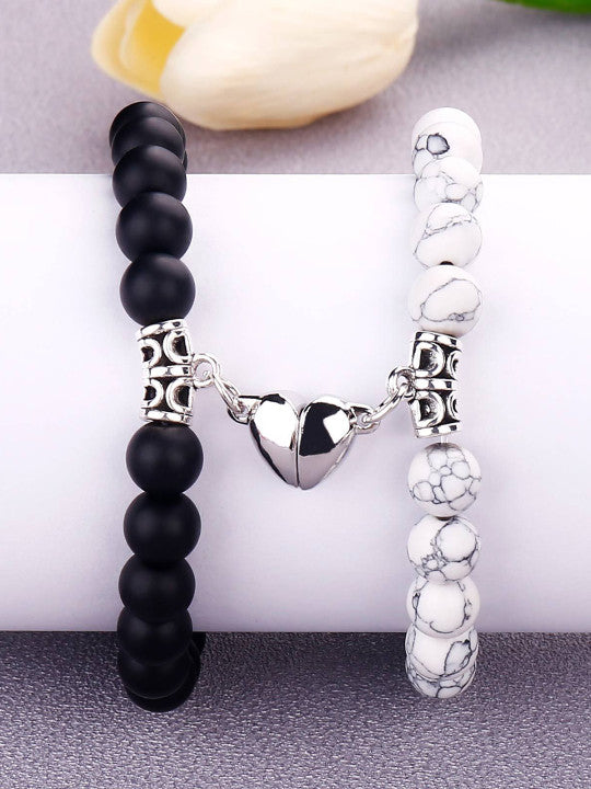 Vembley Black & White Beaded Couple Bracelet Set - Heart Charm Matching Bracelets
